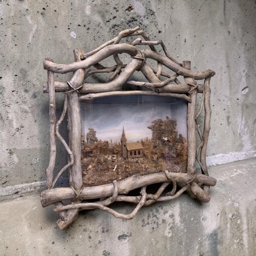 LARGE FINE ANTIQUE CORK DIORAMA WITH TWIG FRAME