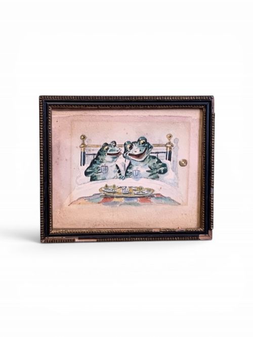 VICTORIAN WATERCOLOUR OF 2 FROGS IN A BED