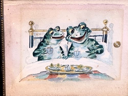 VICTORIAN WATERCOLOUR OF 2 FROGS IN A BED - ADDITIONAL PHOTO 1