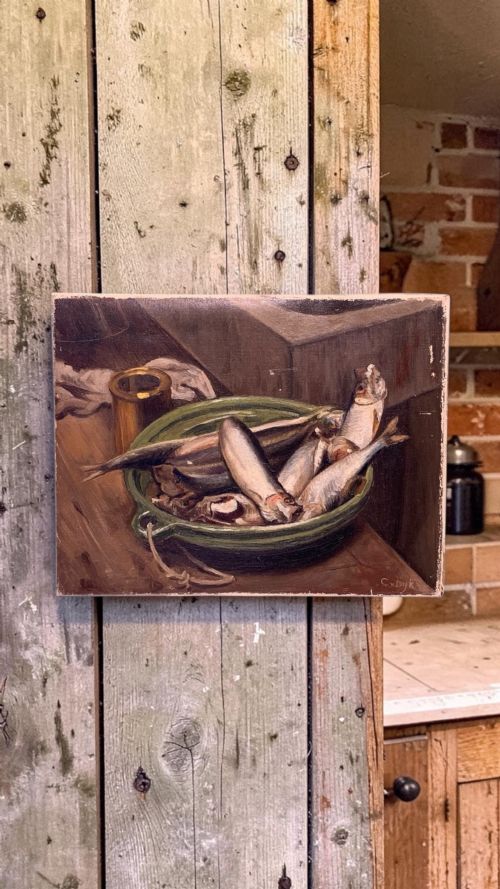 Still Life with Fish -French Oil on Canvas