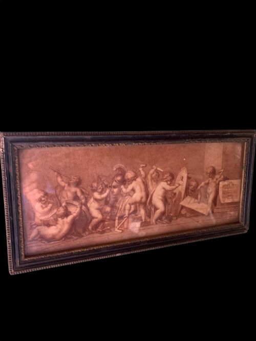 fig 1. A horizontal monochrome 18th-century style framed engraving depicting classical putti engaged in artistic and architectural pursuits.