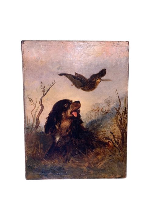 The Spaniel & the Woodcock -19th C Oil Painting