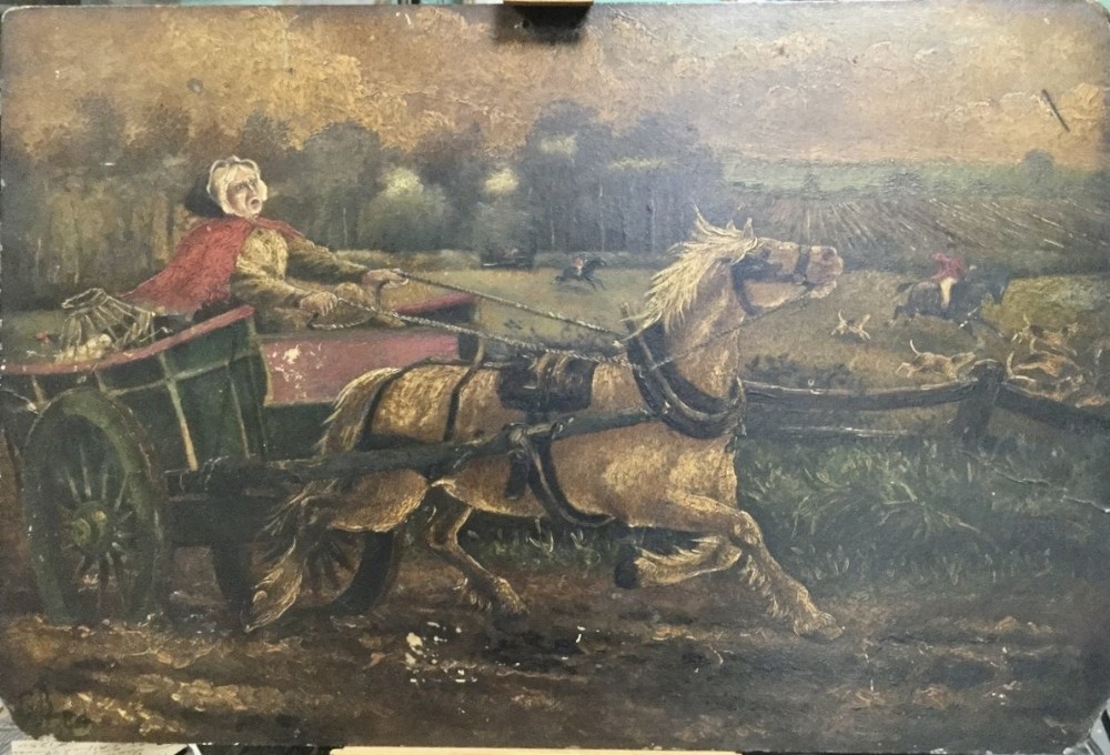 Oil painting of a chicken seller