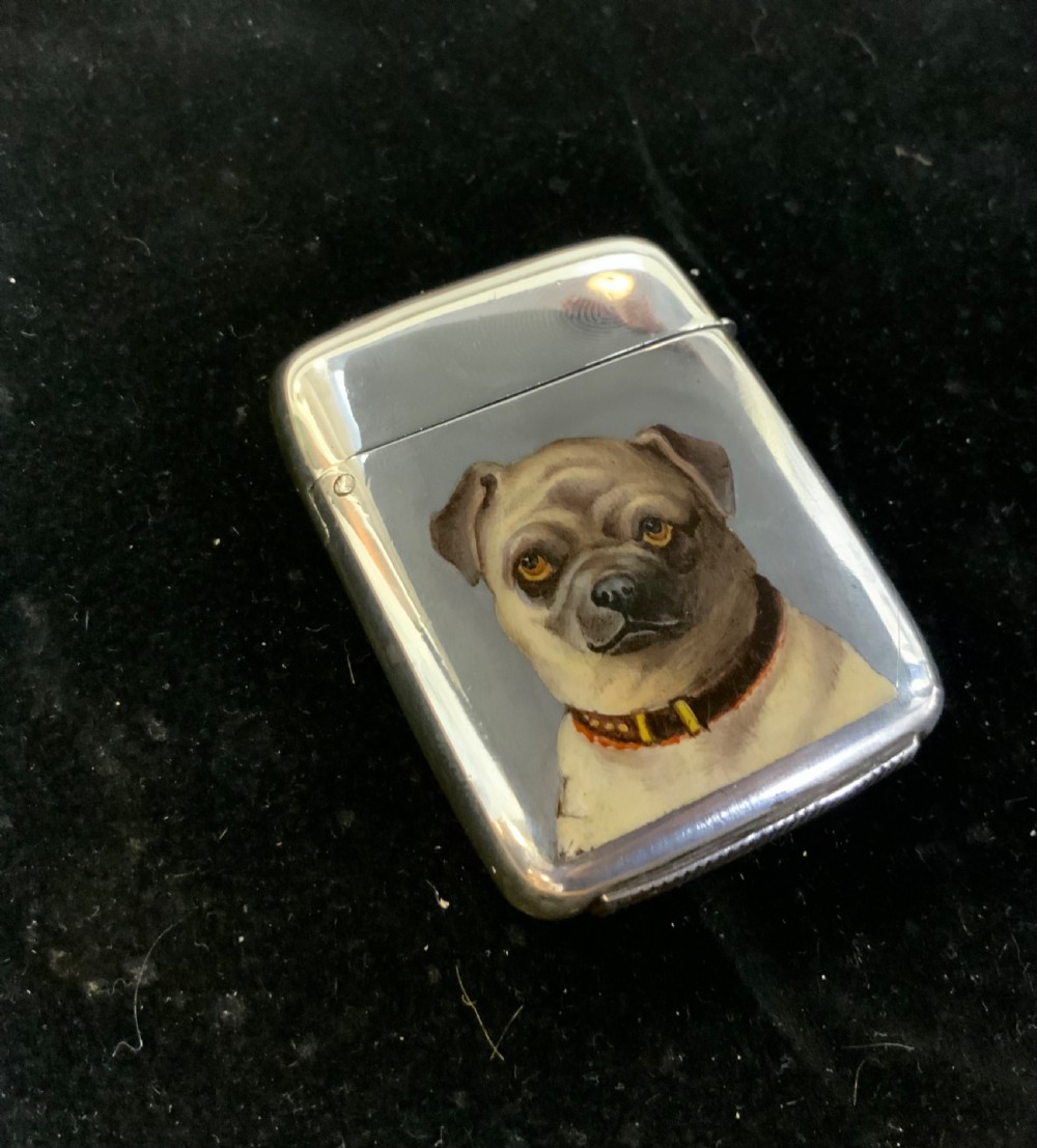 A VICTORIAN SILVER & ENAMEL VESTA CASE WITH PUG PORTRAIT View II