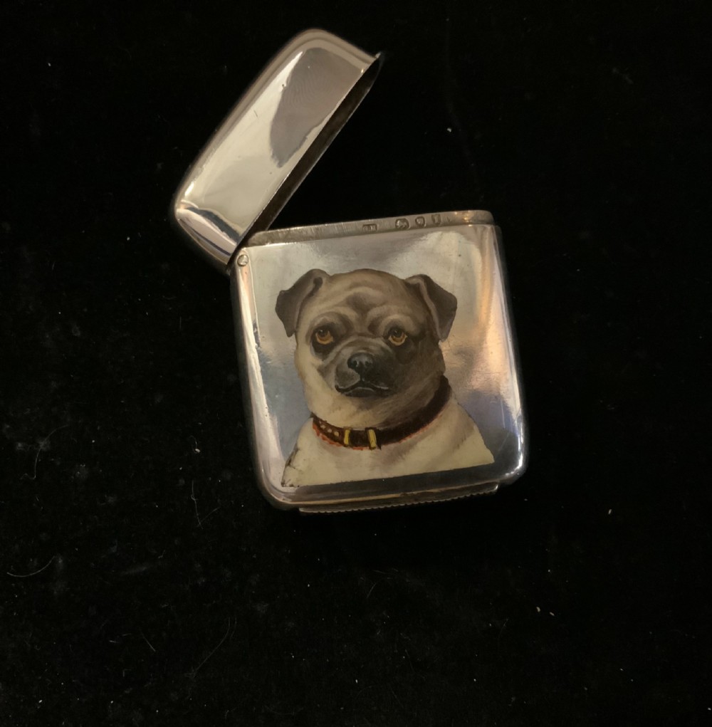 A VICTORIAN SILVER & ENAMEL VESTA CASE WITH PUG PORTRAIT View VI