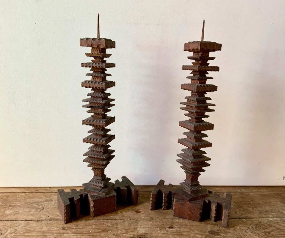 TRAMP ART PRICKET CANDLESTICKS