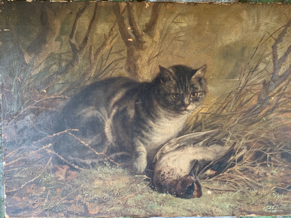 OIL PAINTING OF A CAT AND ITS PREY