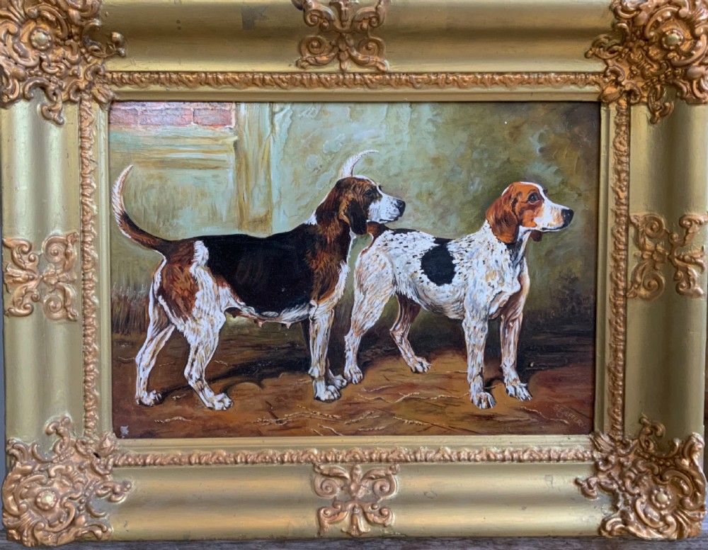 OIL ON BOARD STUDY OF FOXHOUNDS View II