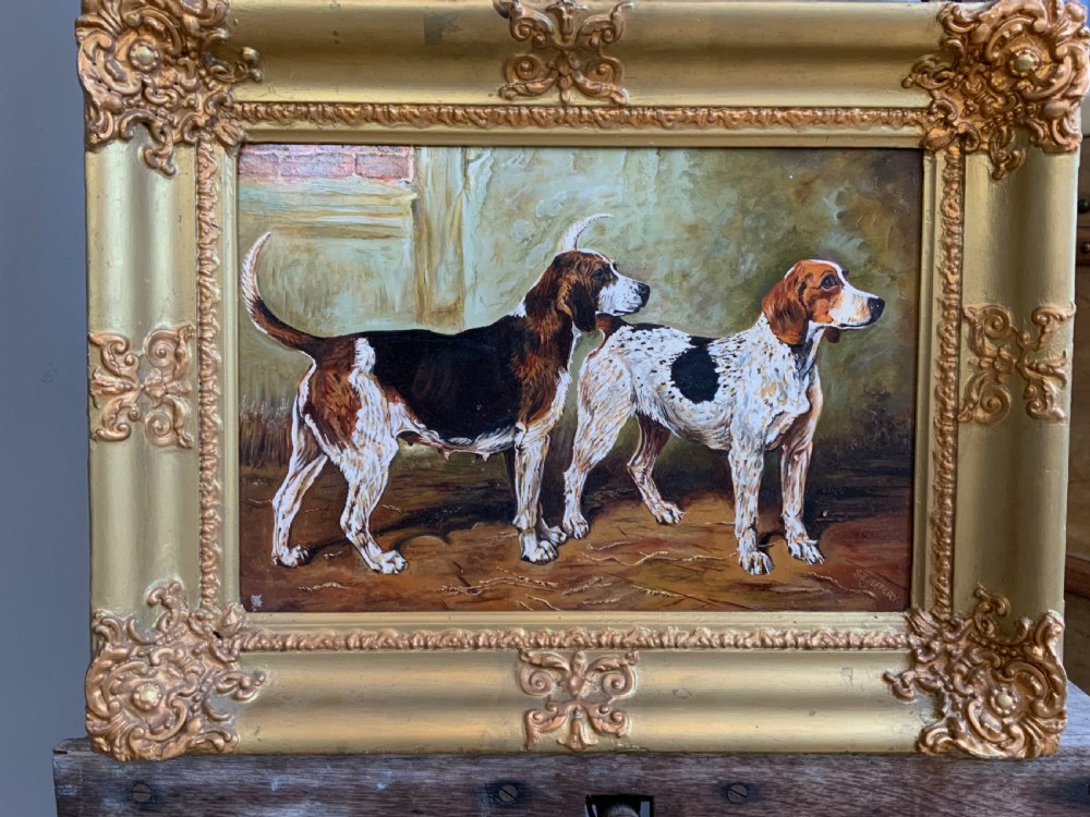 OIL ON BOARD STUDY OF FOXHOUNDS View III