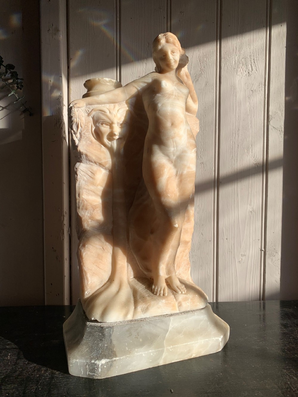 ART NOUVEAU ALABASTER STANDING FIGURE BY A FOUNTAIN