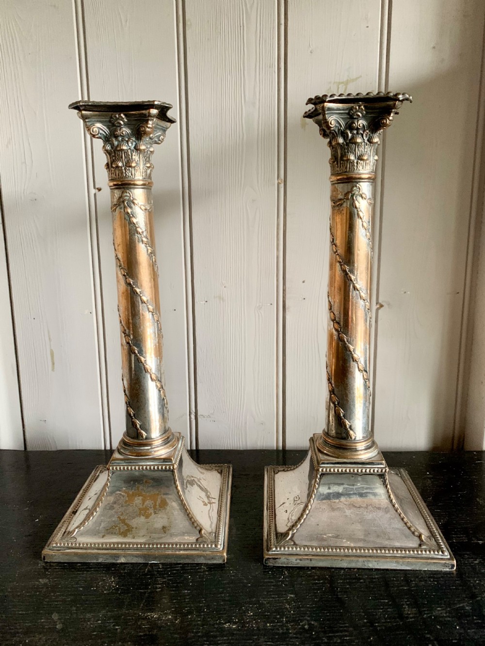 OLD SHEFFIELD CORINTHIAN CANDLESTICKS