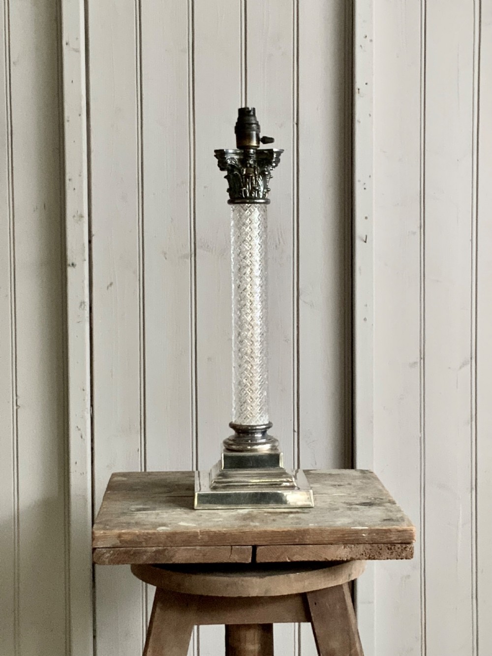 GIANT ANTIQUE SILVER & CRYSTAL CORINTHIAN LAMP