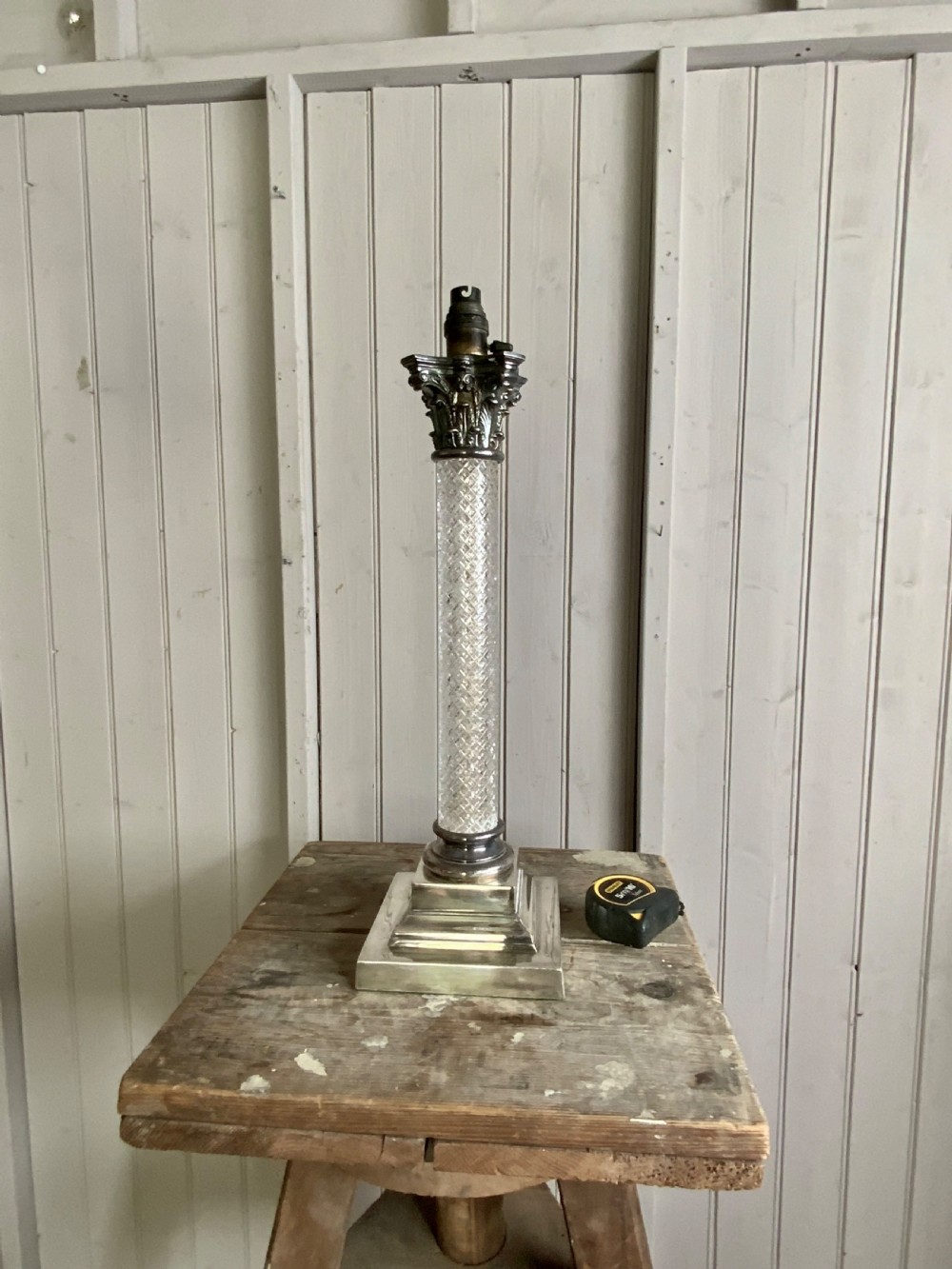 GIANT ANTIQUE SILVER & CRYSTAL CORINTHIAN LAMP View II