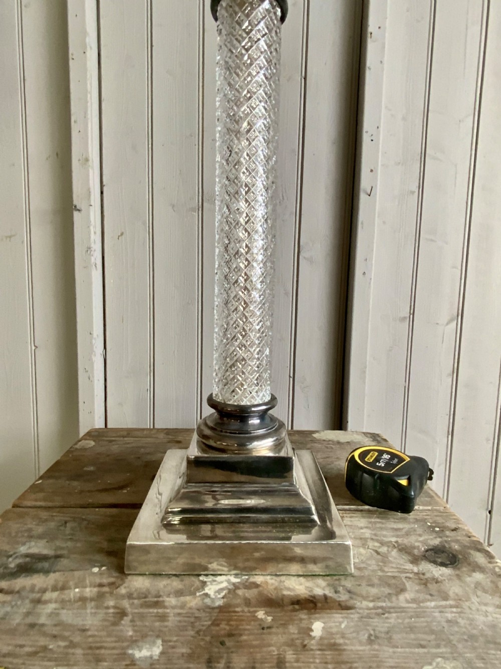 GIANT ANTIQUE SILVER & CRYSTAL CORINTHIAN LAMP View III