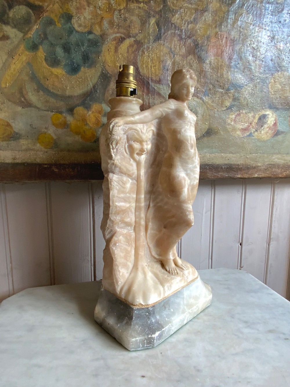 ART NOUVEAU CARVED ALABASTER TABLE LAMP