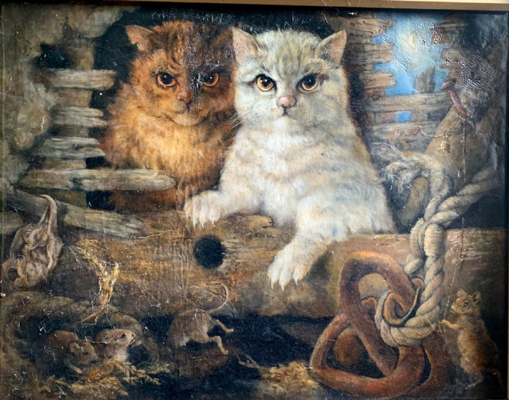 VICTORIAN OIL ON CANVAS: CATS ON THE HUNT