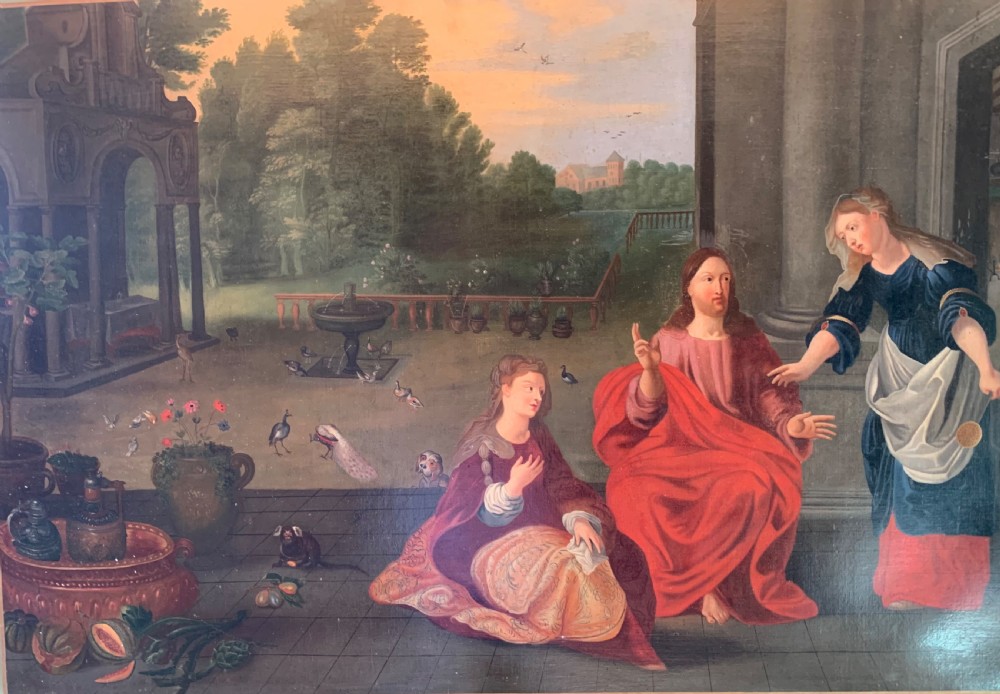 EARLY 18thC OIL ON CANVAS JESUS MEETS MARTHA
