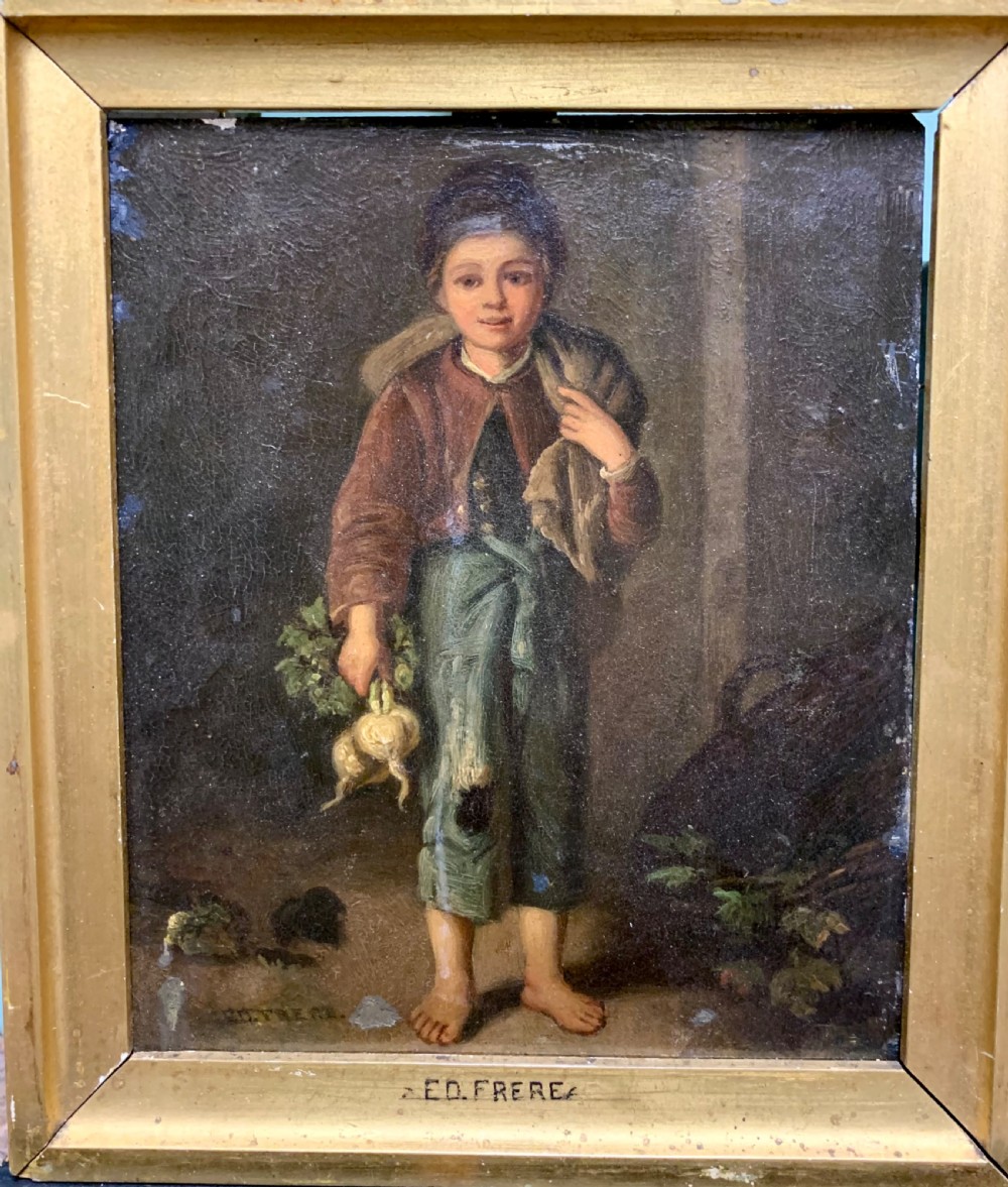 SMALL FRENCH OIL ON TIN BOY WITH TURNIPS BY E. FRERE
