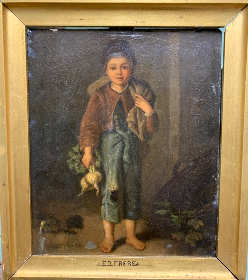 SMALL FRENCH OIL ON TIN BOY WITH TURNIPS BY E. FRERE View II