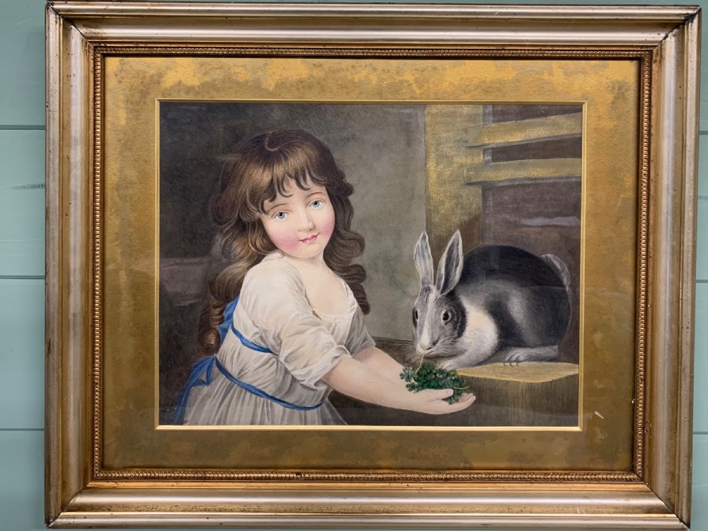 CHARMING VICTORIAN WATERCOLOUR OF A LITTLE GIRL AND HER RABBIT
