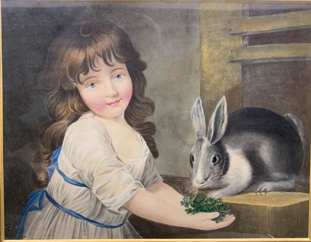 CHARMING VICTORIAN WATERCOLOUR OF A LITTLE GIRL AND HER RABBIT View II
