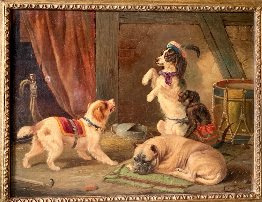 FRENCH 19th C OIL ON CANVAS - DOGS & MONKEY