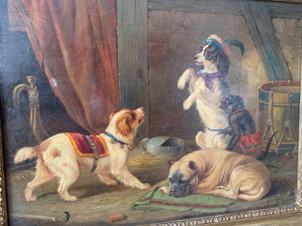 FRENCH 19th C OIL ON CANVAS - DOGS & MONKEY View II