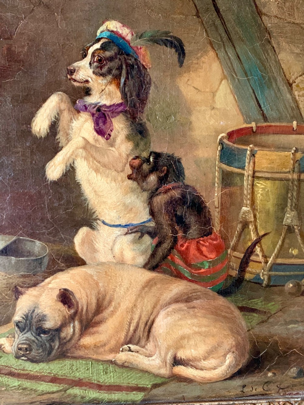 FRENCH 19th C OIL ON CANVAS - DOGS & MONKEY View III