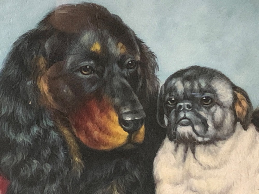 An oil painting on wooden panel depicting a black and tan spaniel resting next to a pug on a red patterned carpet inside a dark wooden frame. View IV
