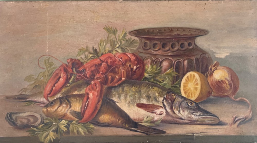 Horizontal oil painting depicting a red lobster resting over a large fish, accompanied by a halved lemon, an onion, herbs, and a metallic vessel on a wooden surface. View II