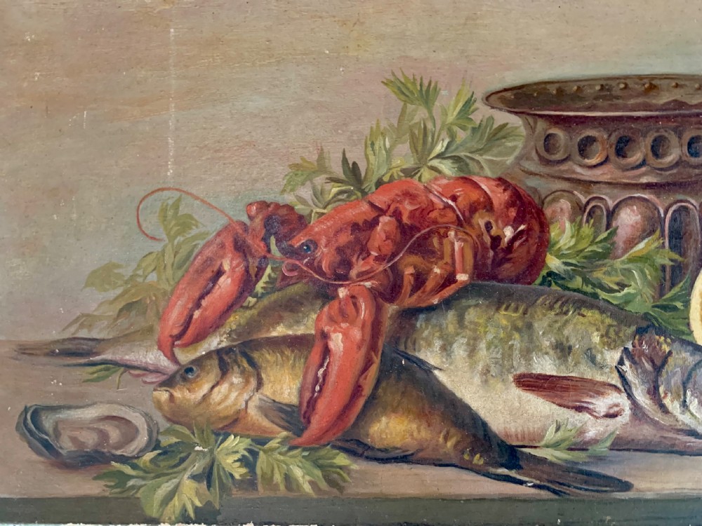 Horizontal oil painting depicting a red lobster resting over a large fish, accompanied by a halved lemon, an onion, herbs, and a metallic vessel on a wooden surface. View III