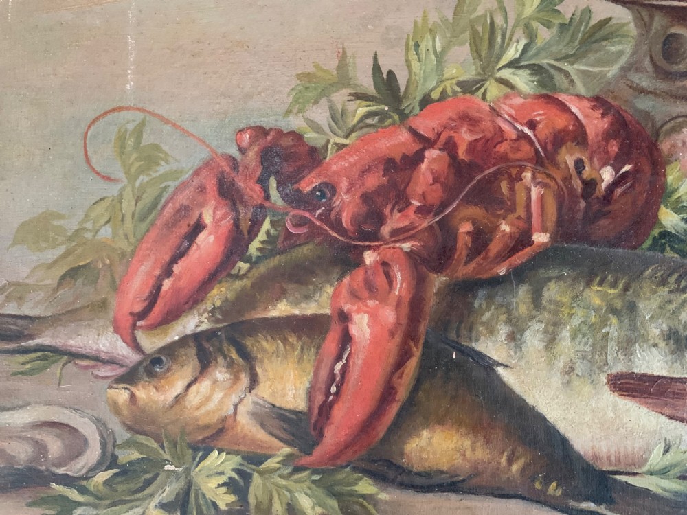 Horizontal oil painting depicting a red lobster resting over a large fish, accompanied by a halved lemon, an onion, herbs, and a metallic vessel on a wooden surface. View V