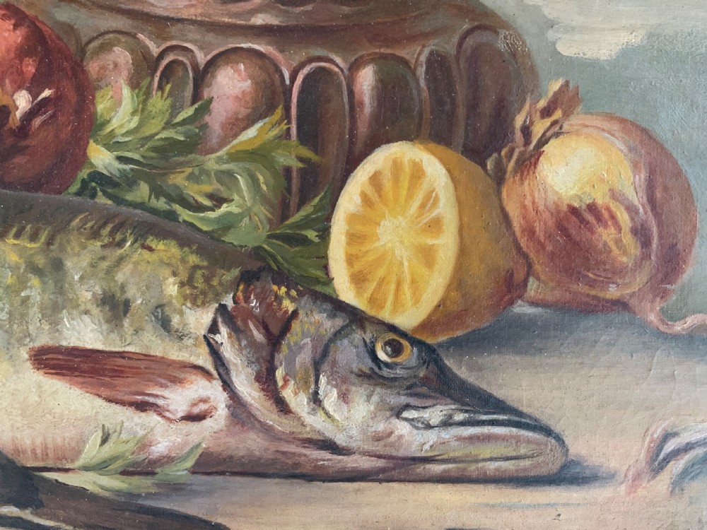 Horizontal oil painting depicting a red lobster resting over a large fish, accompanied by a halved lemon, an onion, herbs, and a metallic vessel on a wooden surface. View VI