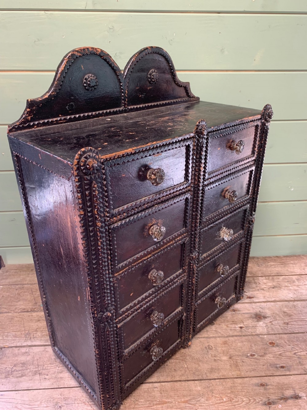 19th C TRAMP ART FOLK ART TABLE DRAWERS