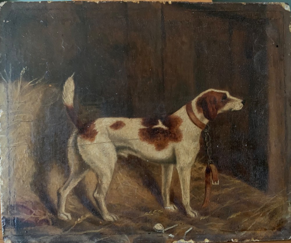 OIL ON PANEL: DOG IN A STABLE - 19th CENTURY View III