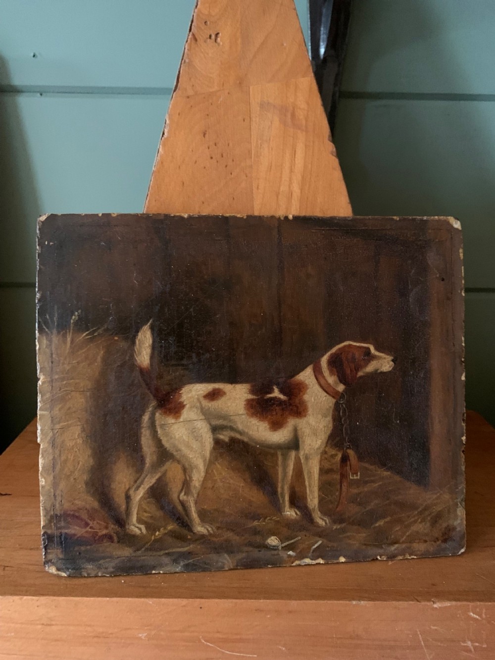 OIL ON PANEL: DOG IN A STABLE - 19th CENTURY
