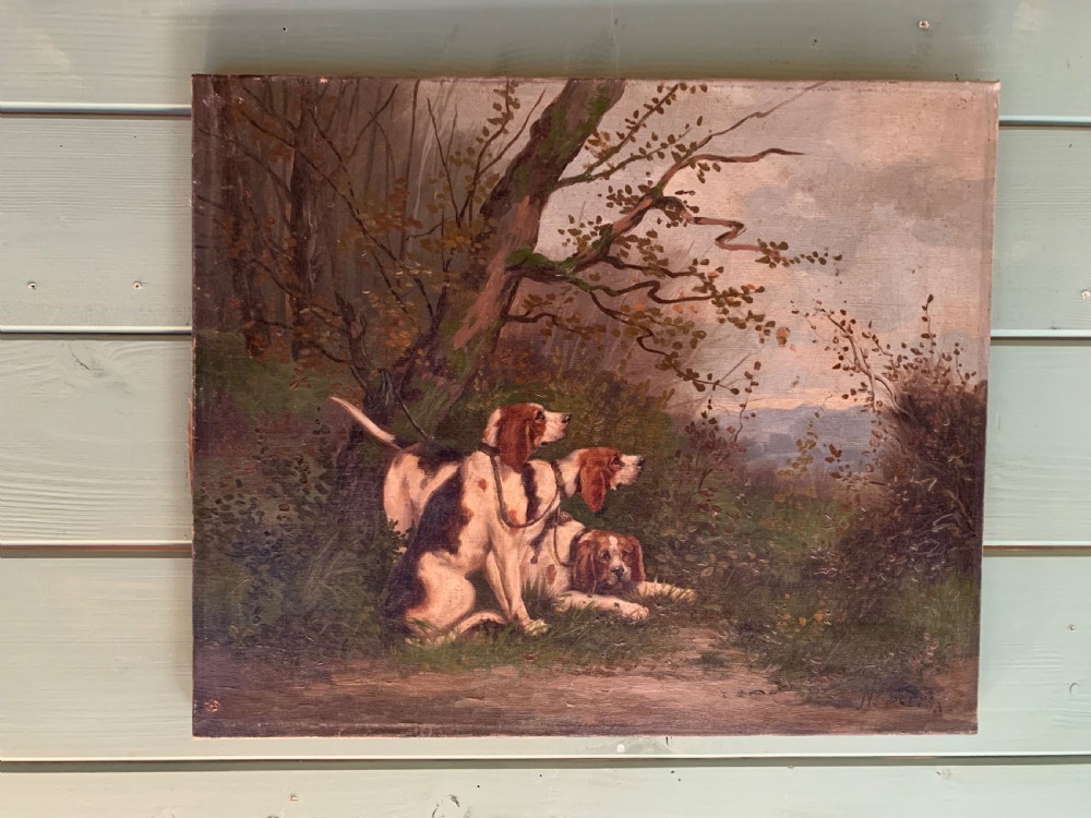 GUN DOGS IN A WOODED LANDSCAPE - OIL ON CANVAS