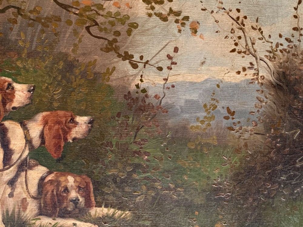 GUN DOGS IN A WOODED LANDSCAPE - OIL ON CANVAS View V