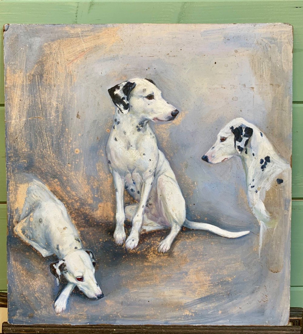 3 DALMATIANS OIL ON BOARD -MANNER OF F T DAWS