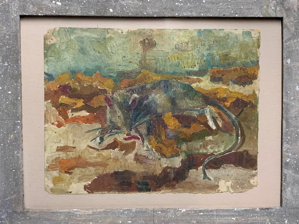 An antique French Impressionist oil study depicting a rodent amongst earthy foliage within a weathered grey wooden frame. View II