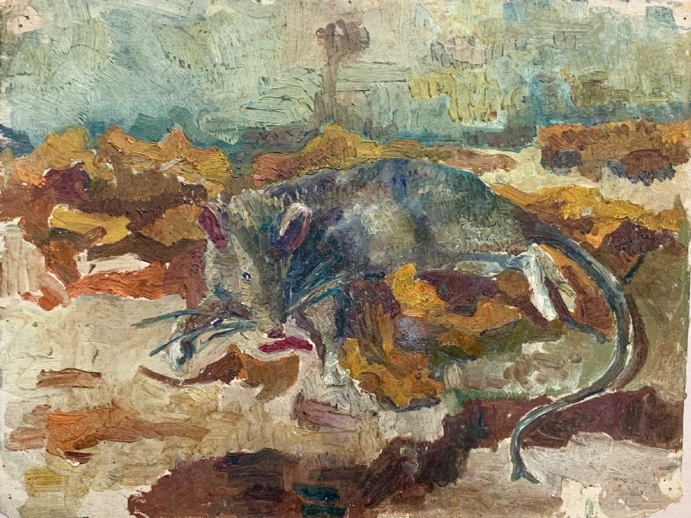 An antique French Impressionist oil study depicting a rodent amongst earthy foliage within a weathered grey wooden frame. View III
