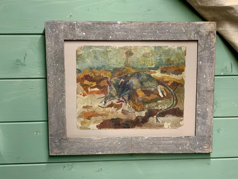 An antique French Impressionist oil study depicting a rodent amongst earthy foliage within a weathered grey wooden frame. View IV