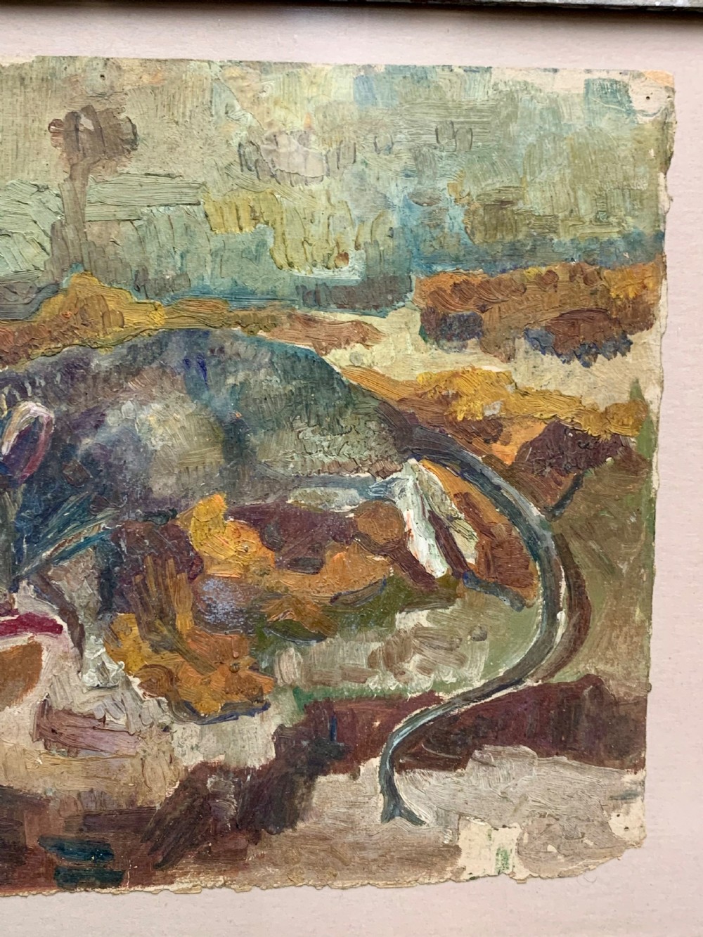 An antique French Impressionist oil study depicting a rodent amongst earthy foliage within a weathered grey wooden frame. View VI