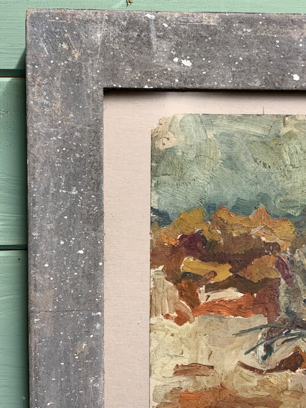 An antique French Impressionist oil study depicting a rodent amongst earthy foliage within a weathered grey wooden frame. View VII