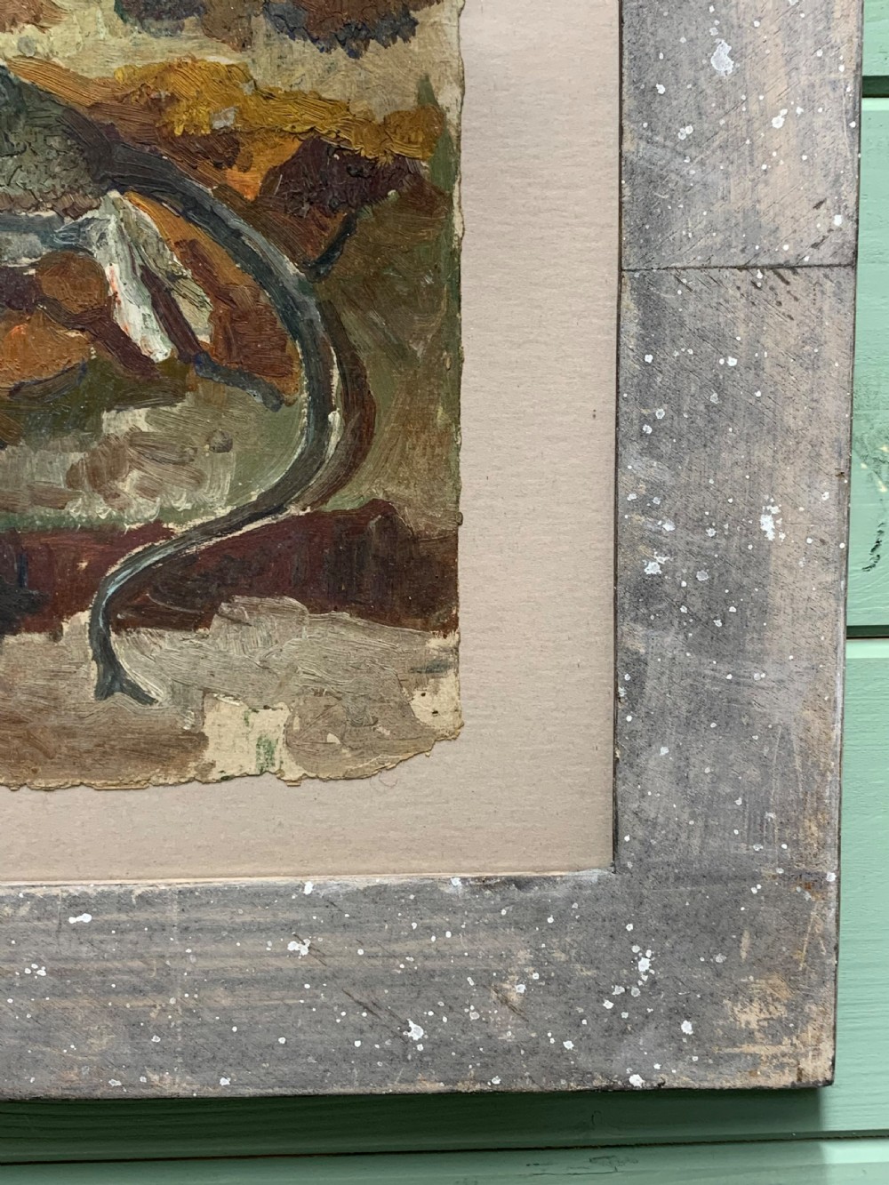 An antique French Impressionist oil study depicting a rodent amongst earthy foliage within a weathered grey wooden frame. View VIII