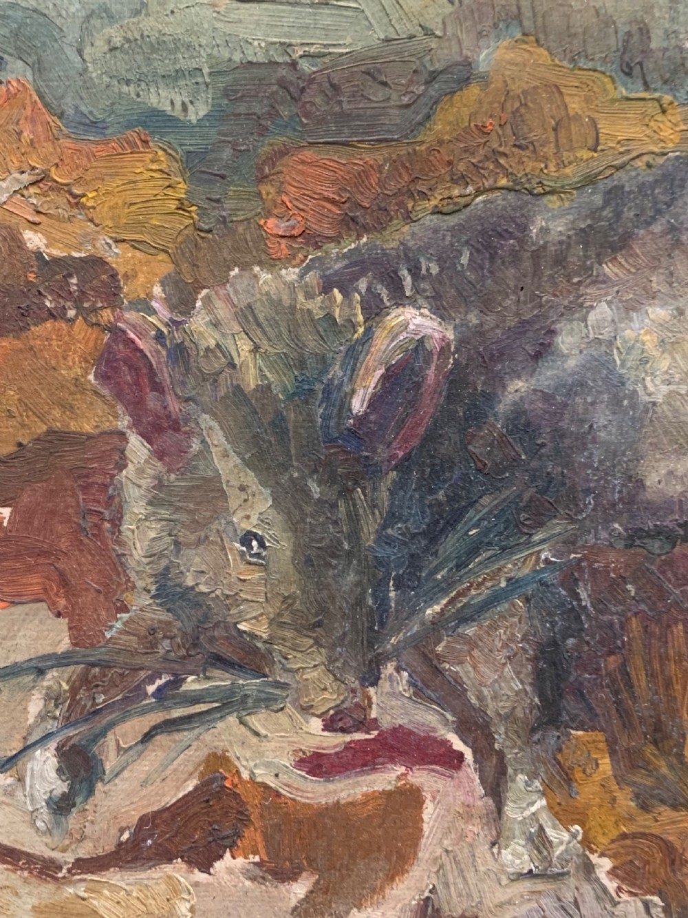 An antique French Impressionist oil study depicting a rodent amongst earthy foliage within a weathered grey wooden frame. View IX