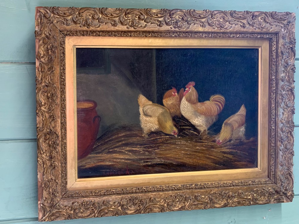 NAIVE SCHOOL OIL ON CANVAS OF A GROUP OF CHICKENS
