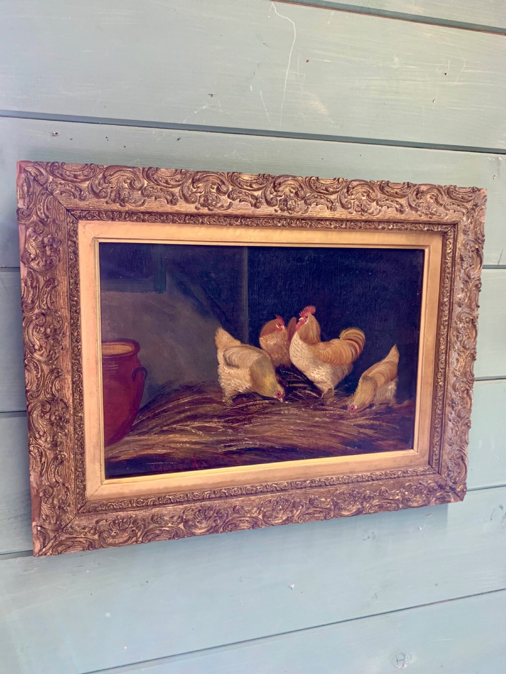 NAIVE SCHOOL OIL ON CANVAS OF A GROUP OF CHICKENS View II
