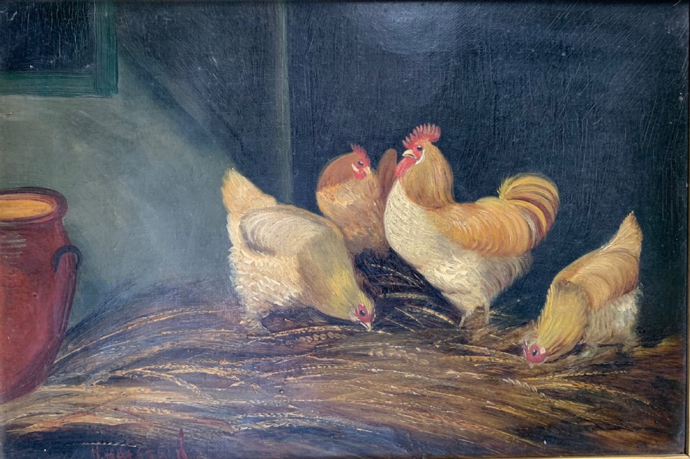 NAIVE SCHOOL OIL ON CANVAS OF A GROUP OF CHICKENS View III
