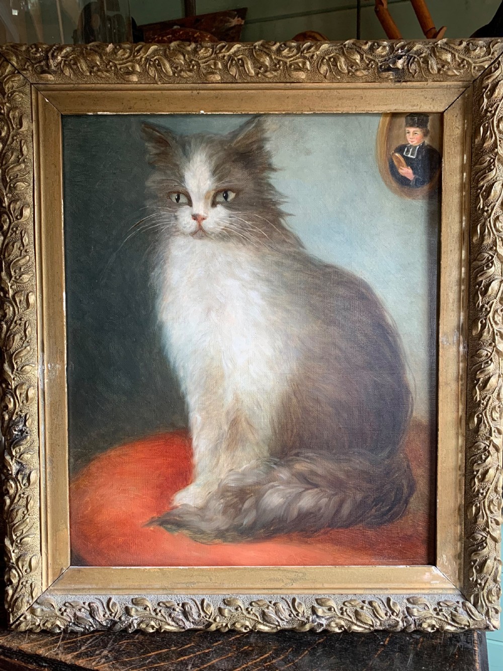 A STRIKING 19thC FRENCH OIL ON CANVAS OF A CAT